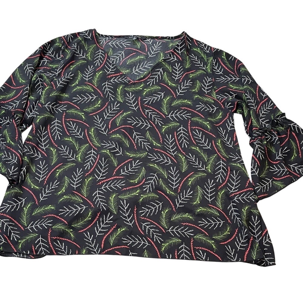 Yak‎ & Yeti Black Botanical Print Bell Sleeve V-Neck Blouse Medium Made in Nepal